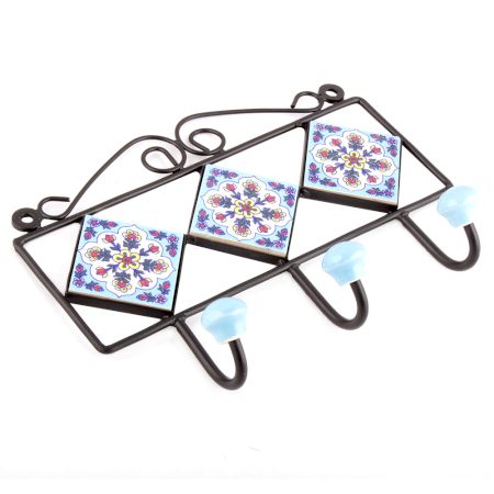 Turquoise White Floral Tiles Hooks